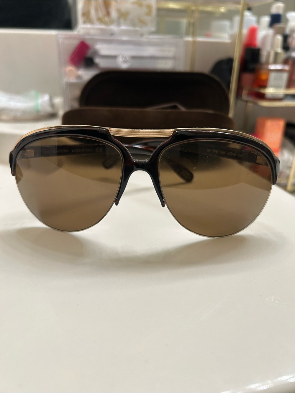 Tom Ford Dark Brown Gradient Aviator Sunglasses with Gold Accents
